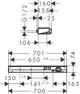 Diagramm eines hansgrohe Thermostats mit Abmessungen und Anschlüssen. Sichtbar sind verschiedene Maße und Spezifikationen für die Installation und Nutzung.